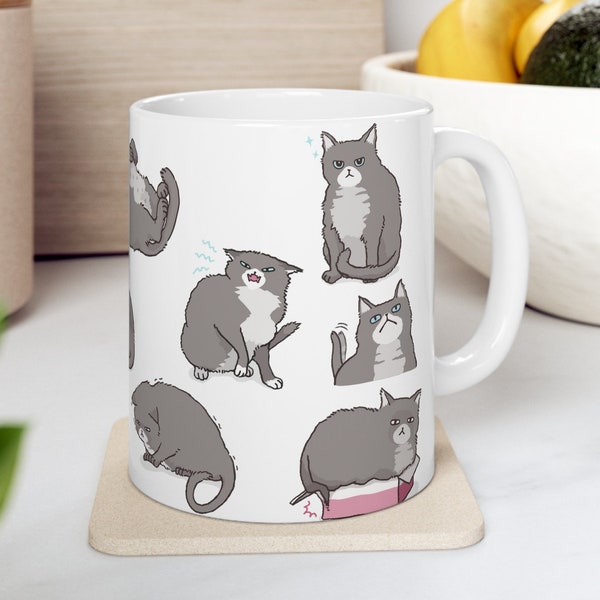 Gray Tuxedo Cat Mug | 11oz & 15oz Cute Cat Mugs | Grey Cat Mug Cat Coffee Mug Teacher Gift for Cat Person Mug Gray Cat Lover Gift