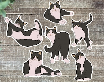 Minimalist Tuxedo Cat Sticker: 6 Different Tux Cats, 2"-6" Funny Cat Stickers