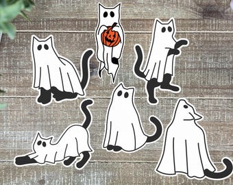 Ghost Cat Halloween Stickers: 6 Black Cat Ghosts