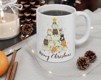 Meowy Christmas Cat Mug | 11oz and 15oz Mugs | Cat Christmas Tree | Crazy Cats Christmas Tree | Cat and Coffee Mug