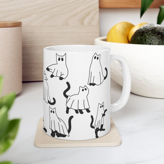 Black Cat Ghost Spooky Coffee Mug | 11oz & 15oz Cat Mugs | Black Cat Halloween Mug | Scary Ghost Cat Boo Halloween Gift for Cat Lovers