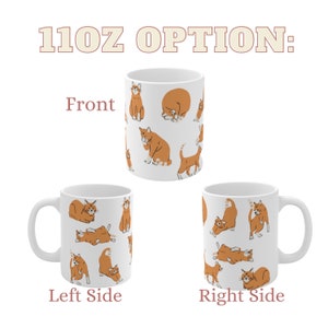 May include: White ceramic mug with an 11oz capacity featuring a repeating pattern of orange cats in various poses. The mug is shown from the front, left side, and right side.