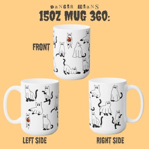 May include: White ceramic mug with a black and white design of cats and ghosts. The mug is 15 oz and has the text "Danger Beans 15oz Mug 360: Front, Left Side, Right Side" printed on it.