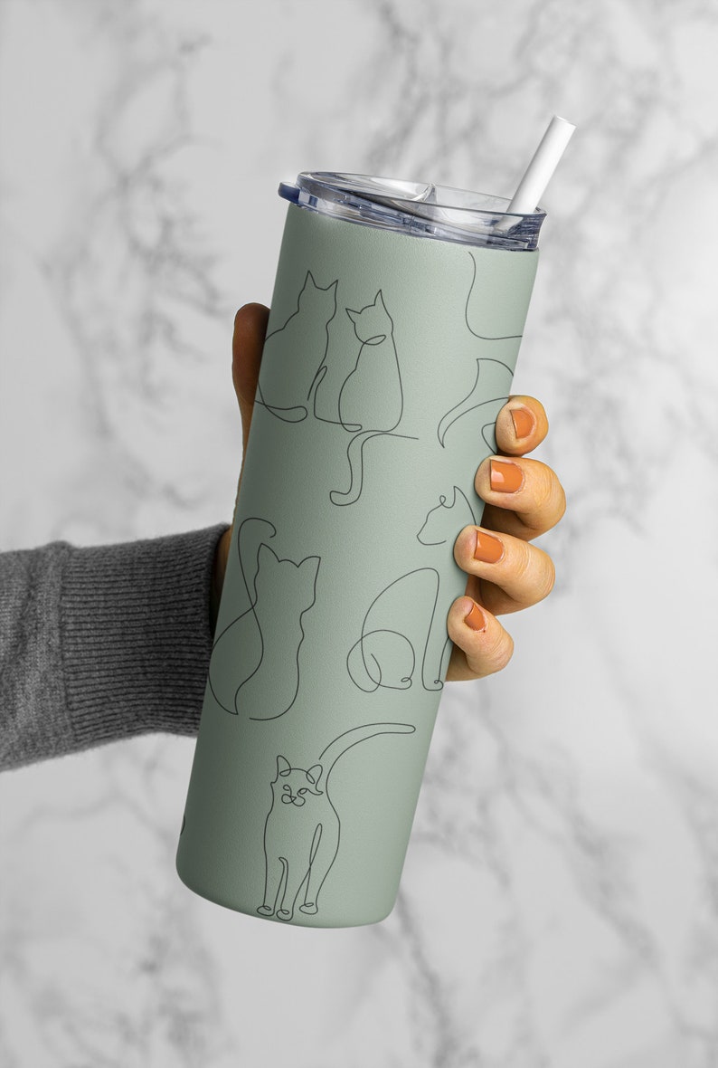 Cat Sage Green Tumbler 20 Oz Tumbler Cat Cup Modern Cat Mom Etsy