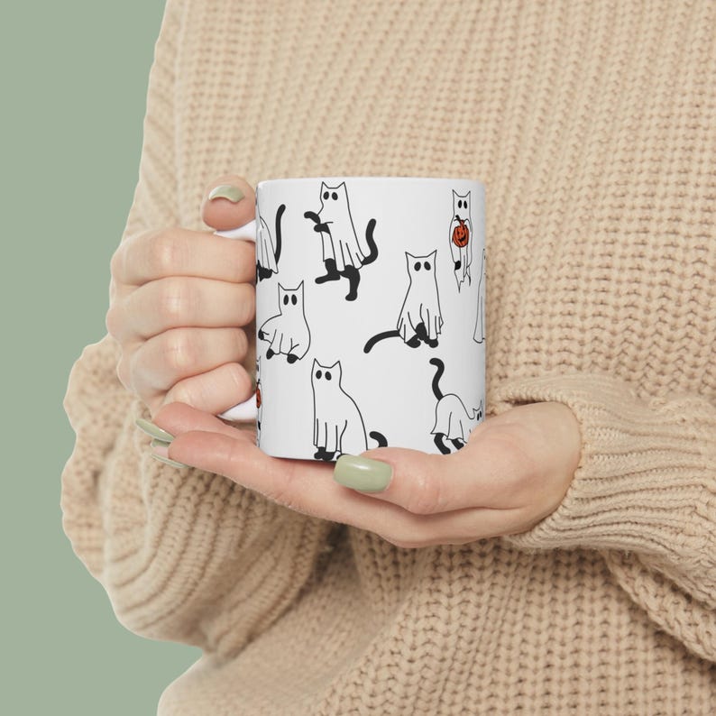Black Cat Ghost Spooky Coffee Mug | 11oz & 15oz Cat Mugs | Black Cat Halloween Mug | Scary Ghost Cat Boo Halloween Gift for Cat Lovers image 5