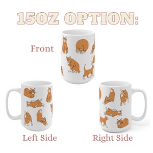 May include: White ceramic mug with a 15oz capacity featuring a repeating pattern of orange cats in various poses. The mug is shown from the front, left side, and right side.