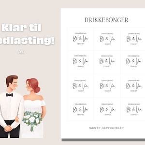 May include: Printable sheet of drink tickets with the text "DRIKKEBONGER" and "Øl & Vin 1 ENHET" repeated nine times. The text "SKRIV UT, KLIPP OG DEL UT" is at the bottom of the sheet.