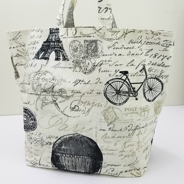 Trip to Paris-Reusable/Reversible Cotton Canvas Tote, Handmade, Fabric and Nylon Grocery Tote