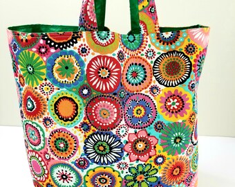 Psychedelic Flowers-Reusable/Reversible Cotton Canvas Tote with Inside Pocket, Handmade Fabric and Nylon Grocery Tote