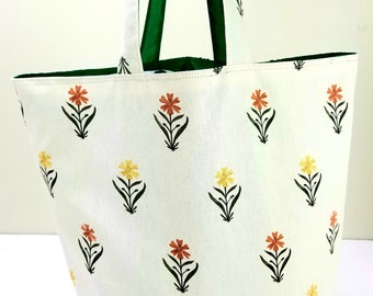 Pretty Dahlias-Reusable/Reversible Cotton Canvas Tote with Inside Pocket, Handmade Fabric and Nylon Grocery Tote