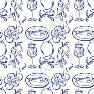 May include: A seamless pattern featuring blue illustrations of lemons, tomatoes, fish, and glasses of Aperol Spritz on a white background. The text "Ciao!" is repeated throughout the pattern.