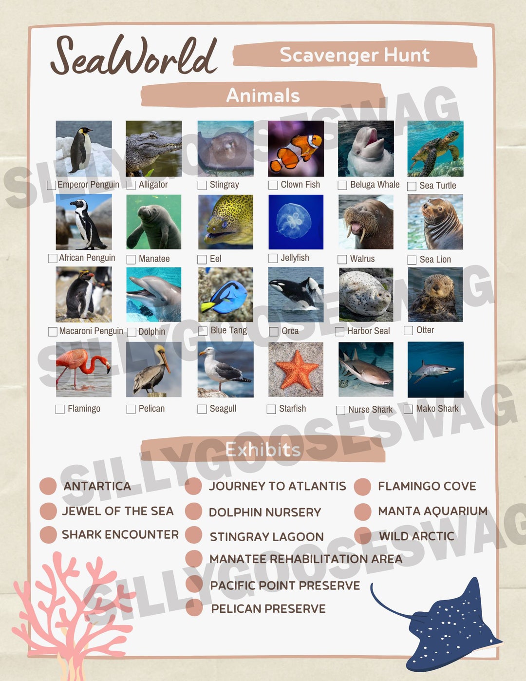 Seaworld Scavenger Hunt Activity Sheet Sea World Animal Etsy