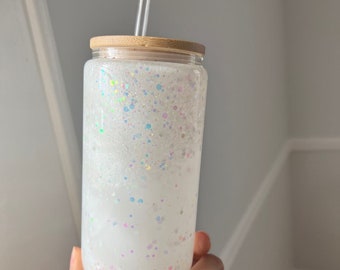 White Customized Glitter Libby Glass Can | Snow Globe Double Walled Libby Glass 16oz | Iced Coffee | Beer Can