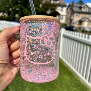 15oz Pink Snow Globe Glass Mug | Double walled | Pink Glitter | Bamboo Lid | Reusable Straw | Gift For Her
