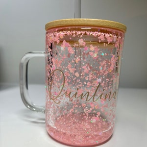 Taza de cristal de globo de nieve personalizada rosa / 15 oz de doble pared / purpurina rosa / tapa de bambú / pajita reutilizable / regalo para ella / regalo para él