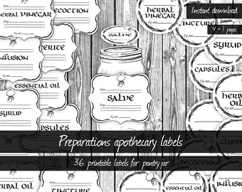 Herbalist apothecary labels, jar labels, herbal preparations custom hand-drawn labels, printable pdf, instant download