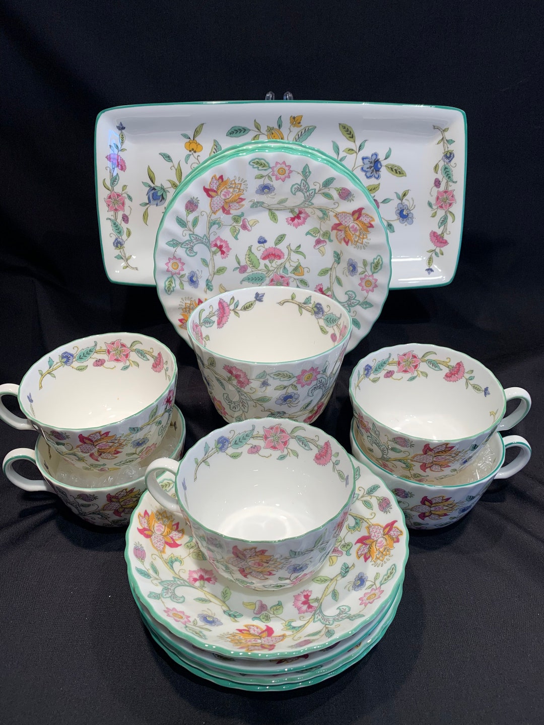Minton HADDON HALL Green Bone China 17 Pieces Tea Set, Made in England