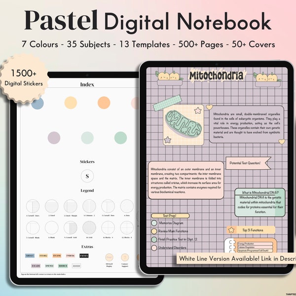 Kawaii Pastel Digital Notebook|Multi Subject|Student Journal|Lined,Grid,Dot,Cornell Templates|Customizable|Portrait Note Paper|Free Stickers