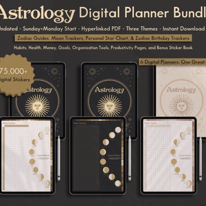 Astrology All In 1 Digital Planner Bundle|Undated Sunday&Monday|Cosmic Zodiac Guides|Celestial Goth|Witchy Journal|Star Chart|Free Stickers