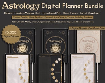 Astrologie All-in-1-Digitalplaner-Bundle|Undatierter Sonntag und Montag|Kosmische Tierkreisführer|Himmlischer Goth|Hexenjournal|Sternkarte|Kostenlose Aufkleber