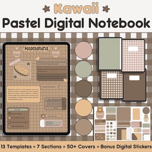May include: A digital notebook with a pastel color scheme and a kawaii aesthetic. The notebook has 13 templates, 7 sections, 50+ covers, and bonus digital stickers. The cover features a cartoon illustration of a mitochondria with the text "Mitochondria" above it.