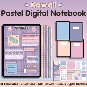 Kawaii Digitales Notizbuch Studenten Multi-Thema-Journal Benutzerdefinierte digitale linierte Papier-Pastellaufkleber GoodNotes Cornell-Vorlagen Dot Grid Spread
