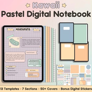 Kawaii Pastel Digital Notebook|Multi Subject|Student Journal|Lined,Grid,Dot,Cornell Templates|Customizable|Portrait Note Paper|Free Stickers