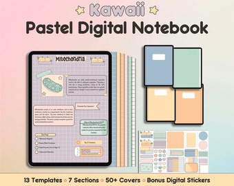 Kawaii Pastel Digital Notebook|Multi Subject|Student Journal|Lined,Grid,Dot,Cornell Templates|Customizable|Portrait Note Paper|Free Stickers