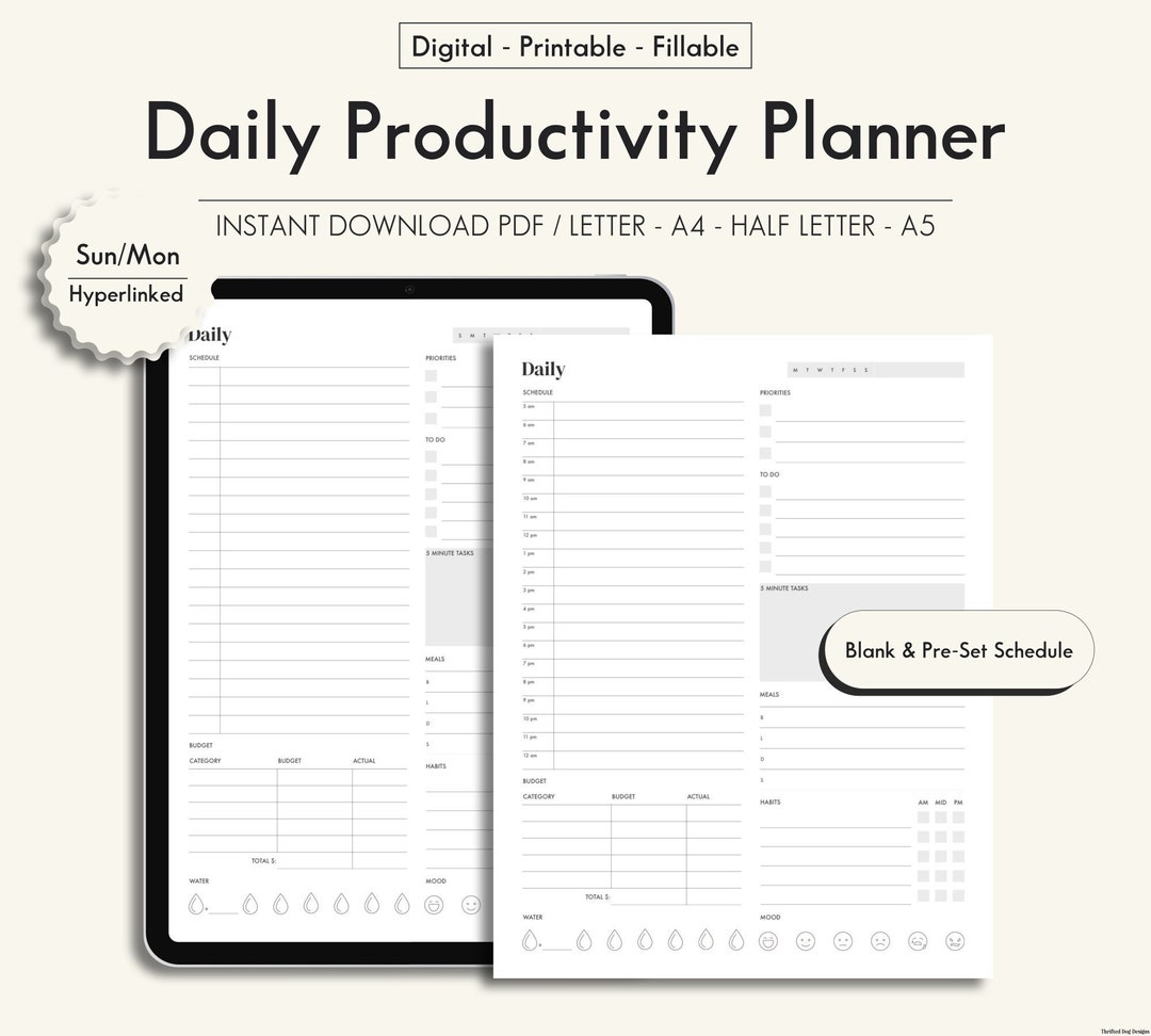 Printable Daily Planner Digital Productivity Planner Fillable Hourly ...