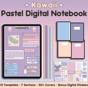 Könnte beinhalten: Ein digitales Notizbuch mit pastellfarbenen Farben und einem Kawaii-Design. Das Notizbuch enthält 13 Vorlagen, 7 Abschnitte, über 50 Cover und Bonus-Digital-Sticker. Die Titelseite zeigt eine Cartoon-Illustration eines Mitochondriums.