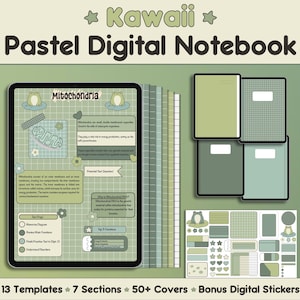 Op de afbeelding: Een digitaal notitieboek met een pastelgroen en blauwe kleurschema. Het notitieboek heeft 13 sjablonen, 7 secties, 50+ covers en bonus digitale stickers. De omslag van het notitieboek heeft een cartoon kikker en het woord "Mitochondriën".