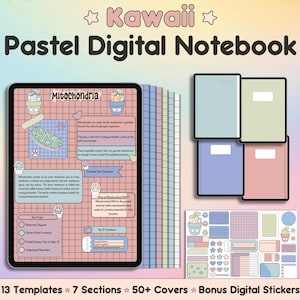 May include: A digital notebook with a pastel color scheme and a kawaii aesthetic. The notebook has 13 templates, 7 sections, 50+ covers, and bonus digital stickers. The cover features a pink and white grid with the text "Mitochondria" and a cute cartoon illustration of a plant.