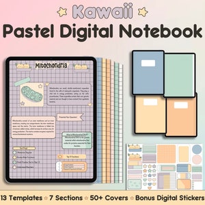 Kawaii Pastel Digital Notebook|Multi Subject|Student Journal|Lined,Grid,Dot,Cornell Templates|Customizable|Portrait Note Paper|Free Stickers
