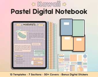 May include: A digital notebook with a pastel color scheme and a kawaii design. The notebook features 13 templates, 7 sections, 50+ covers, and bonus digital stickers. The cover page shows a cute illustration of a mitochondria with the text "Mitochondria" in a pink and blue box.