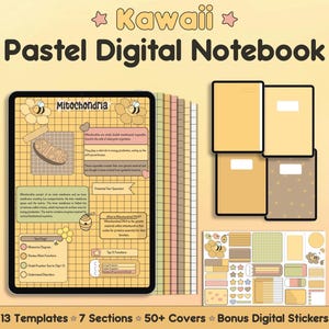 Digital anteckningsbok med kawaiibi, GoodNotes-kompositionsbok för studenter, akademiska anteckningsmall, linjerat papper, punktrutnät, journal, söta pastellklistermärken