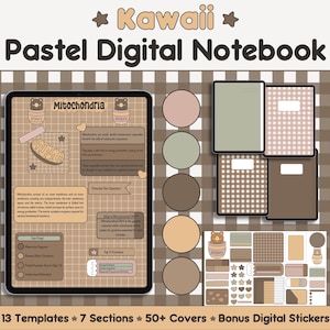 May include: Kawaii Pastel Digital Notebook with 13 templates, 7 sections, 50+ covers, and bonus digital stickers. The notebook features a brown and white checkered background with a digital page preview showing a section on mitochondria.