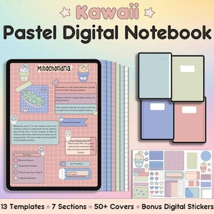 May include: A digital notebook with a pastel color scheme and a kawaii design. The notebook has 13 templates, 7 sections, 50+ covers, and bonus digital stickers. The cover page features a section on mitochondria with a cute illustration of a cat.