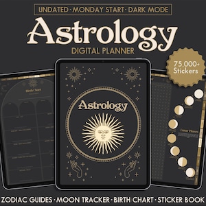Zodíaco Digital Planner Segunda-feira Iniciar Astrologia Manifestando Diário Gráfico de Nascimento Personalizado Rastreador de Ciclo Lunar GoodNotes Grimoire Pages Modo Escuro