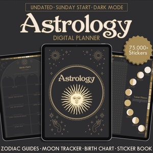 Planificador digital del zodiaco Inicio del domingo Diario de manifestación de astrología Gráfico de nacimiento personalizado Seguimiento del ciclo lunar GoodNotes Grimoire Pages Modo oscuro