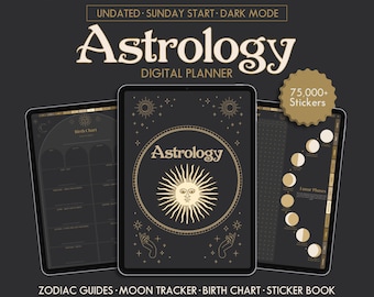 Zodiac Digital Planner Sunday Start Astrology Manifesting Journal Custom Birth Chart Lunar Cycle Tracker GoodNotes Grimoire Pages Dark Mode