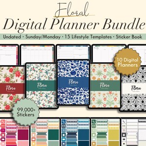 Floral Digital Planner Bundle GoodNotes Undated Monthly Budget Planner Weekly Meal Prep Guide for Exercise Template Daily Habit Goal Tracker