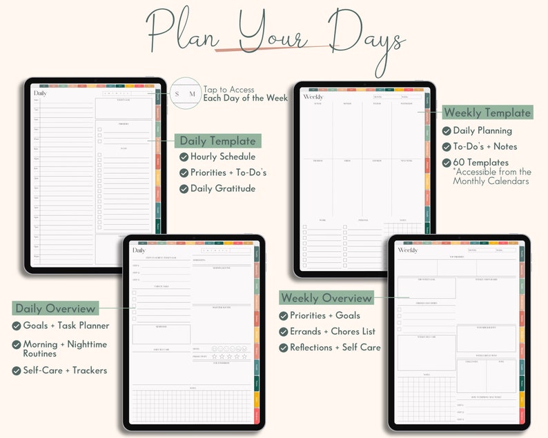 May include: Four digital planner templates for iPad or tablet. The templates are for daily and weekly planning. The daily templates include sections for goals, tasks, morning and nighttime routines, self-care, and trackers. The weekly templates include sections for priorities, goals, errands, chores, and reflections. The templates have a colorful, modern design with a green, yellow, orange, and red color scheme.
