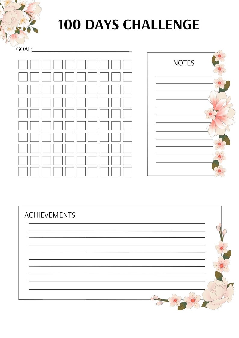 100 DAYS CHALLENGE PRINTABLE - Etsy