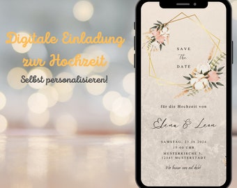 Digitale Einladung zur Hochzeit, E-Card Hochzeit, Karte personalisierbar Canva, Einladungskarte WhatsApp