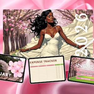 May include: Digital planner with a woman in a white dress, surrounded by cherry blossoms, with the year 2026. Three tablets display "January", "Expense Tracker", and "Index" with "Productivity", "Daily View", and "Notepad".