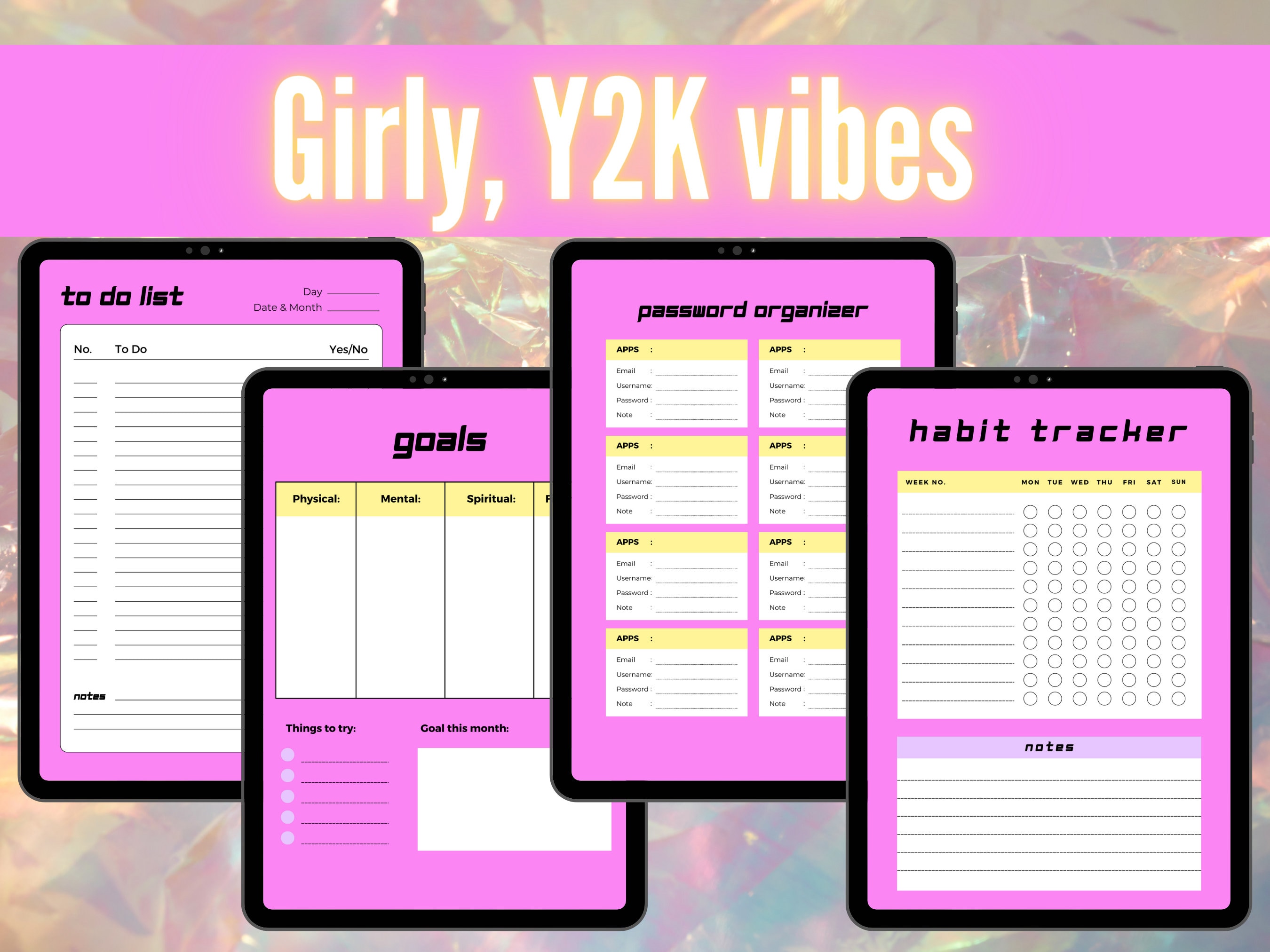 Y2K Digital Yearly Planner Undated Yearly Planner 2000s Inspired