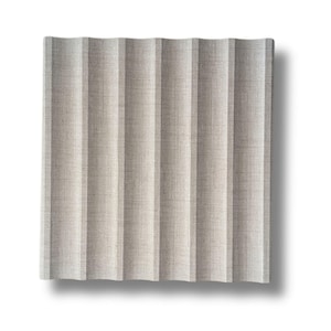 May include: A square, textured panel with vertical, ridged design. The panel is a neutral beige color, with a subtle woven pattern. The ridges create a play of light and shadow, adding depth to the surface. The panel is likely for interior design or soundproofing.