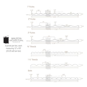 May include: Diagram of architectural panel designs, including 1", 2", and 3" flutes, &frac34;" and 1 &frac12;" reeds, and slats. Each design is labeled with dimensions in inches. The Walston Architectural Products logo is in the lower left corner. The text indicates 3 panels per box, each measuring 12" x 93".