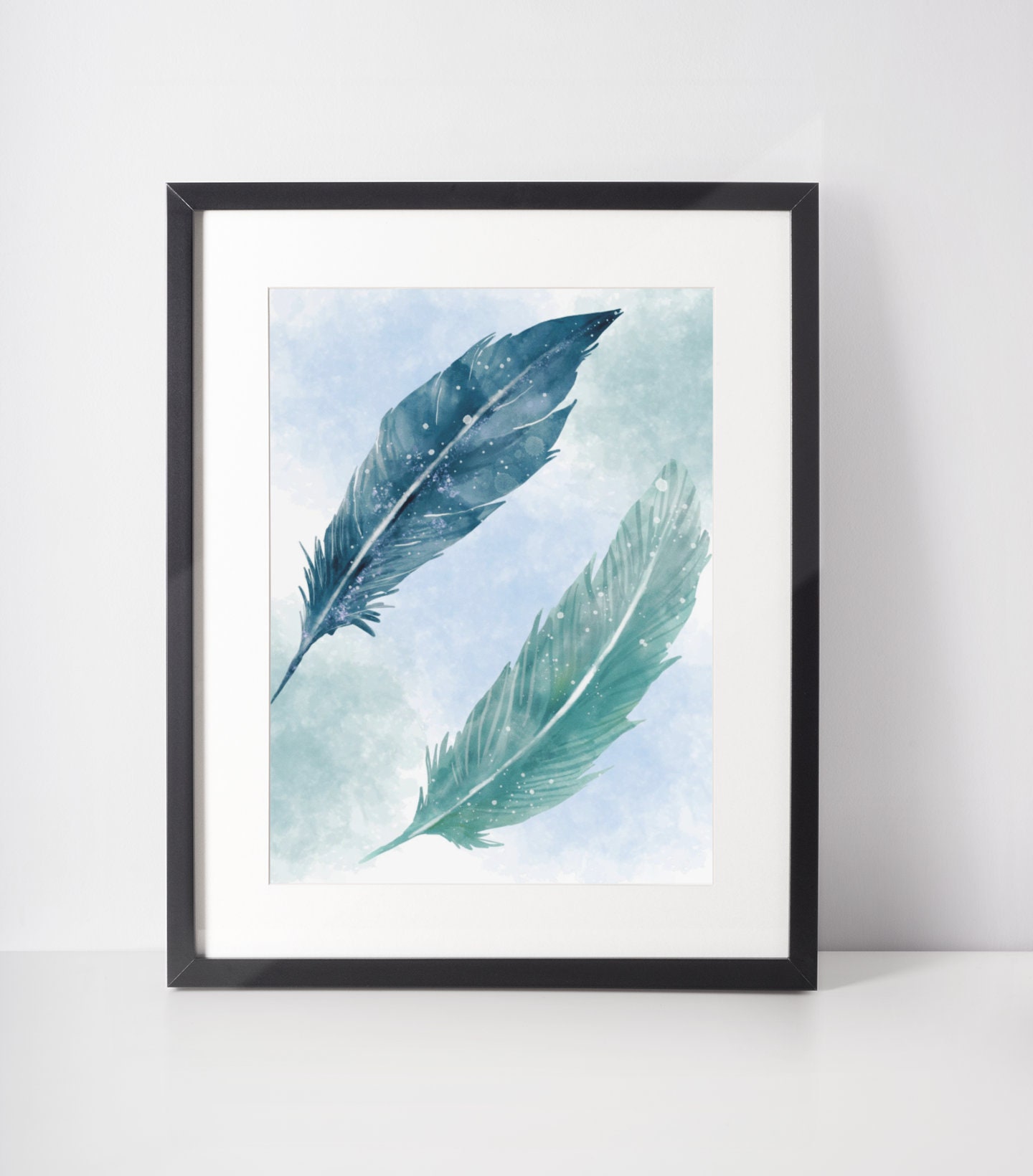 Blue and Green Watercolor Feather Art Wall Art Digital Etsy