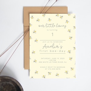 Honey Bee First Birthday, First Bee-Day, Bee Theme First Birthday, Invite, Printable, Digital Download, Template, Editable